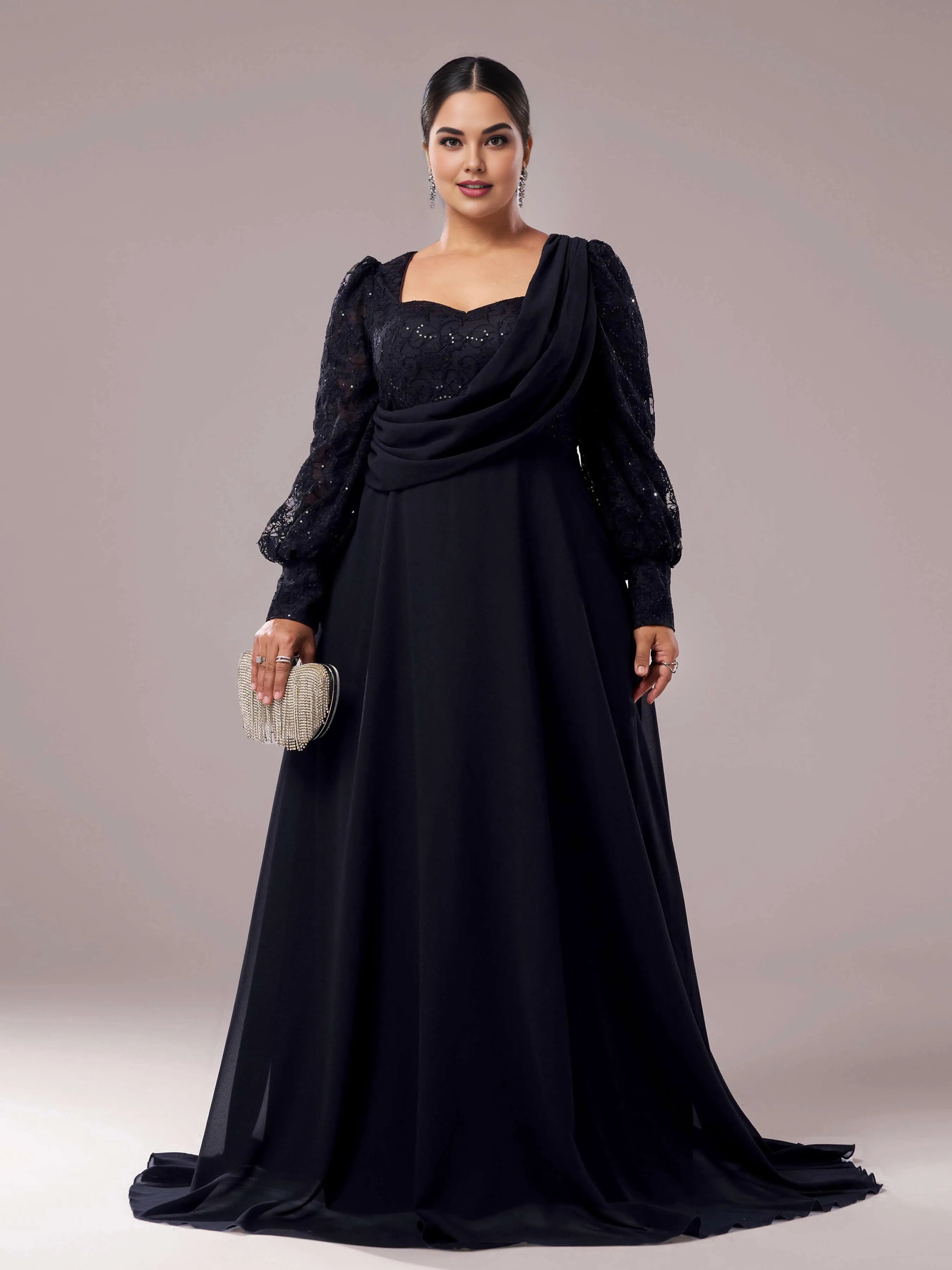 Elegant A-line Square Neck Long Sleeve Zipper Up Floor-Length Plus Size Prom Dress